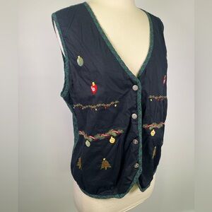 Vintage 90s Basic Editions Holiday Christmas Vest XL Embroidered Ornaments Plaid